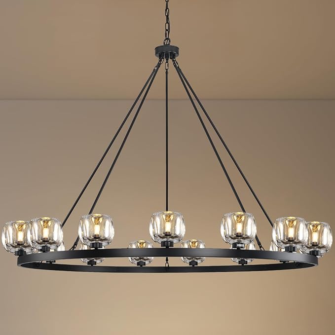 Black Wagon Wheel Chandelier, 59 Inch Black Chandeliers with Unique Glass Shade, 15-Light Crystal Large Wagon Wheel Chandeliers for Dining Room, High Ceiling Round Chandelier for Living Room, Foyer