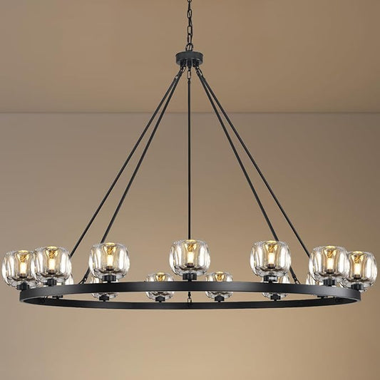 Black Wagon Wheel Chandelier, 59 Inch Black Chandeliers with Unique Glass Shade, 15-Light Crystal Large Wagon Wheel Chandeliers for Dining Room, High Ceiling Round Chandelier for Living Room, Foyer