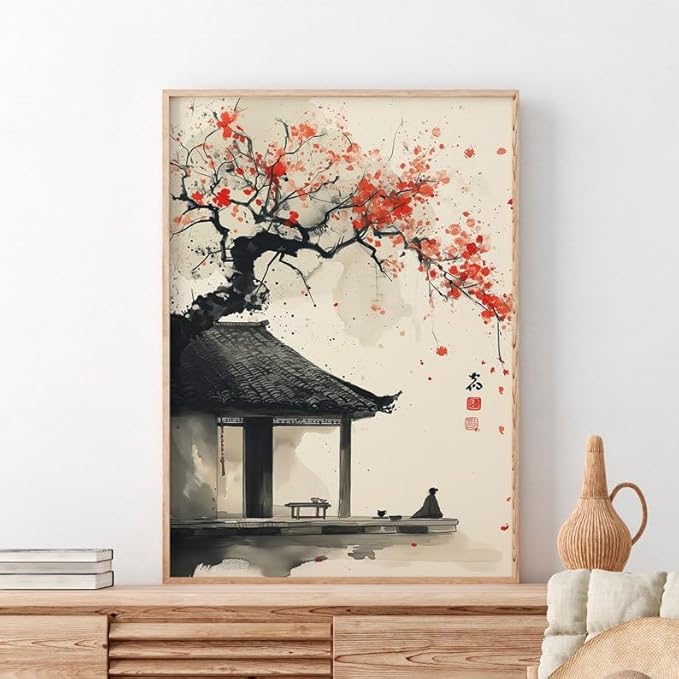 Japanese Ink Wash Painting Poster, Zen Wall Art Print with Red Blossoms, Traditional Asian Landscape Artwork, Japandi Minimalist Home Decor for Gallery or Living Room (Unframed) (24x36)