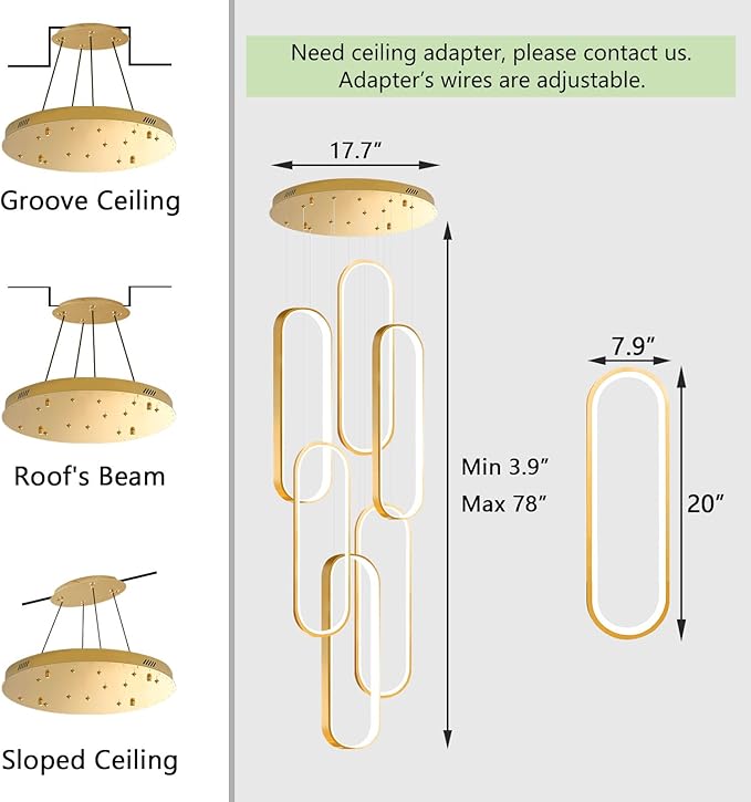 6 Rings Modern Chandelier LED Dimmable Flush Mount Ceiling Light for Foyer Living Room Staircaes Gold