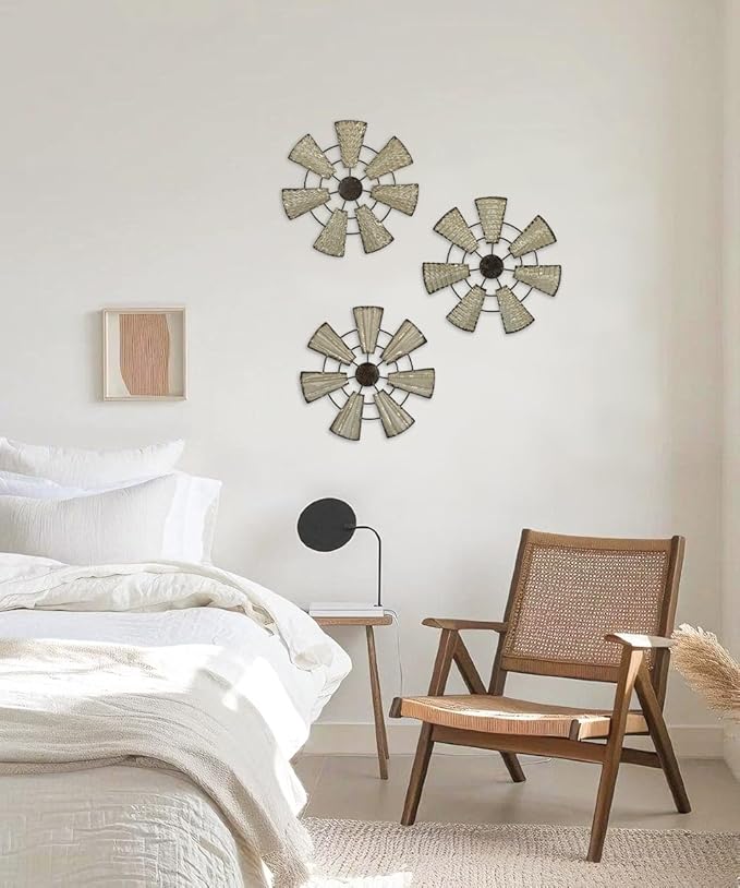 Briful 12" Wall Décor Pack of 3 Metal White & Black Windmill Radial Plate Wall Art Modern Accent Hanging Wall Decorations For Home Office Living Room Wall Sculptures