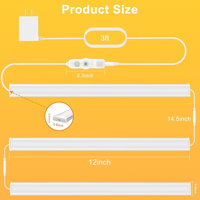 maylit Under Cabinet Lights Plug in, 3 Pcs 12 Inch Ultra Thin Under Cabinet Lighting, Super Bright Warm White Under Counter Lights for Kitchen, Dimmable Light for Cabinet, Counter, Workbench, Desk