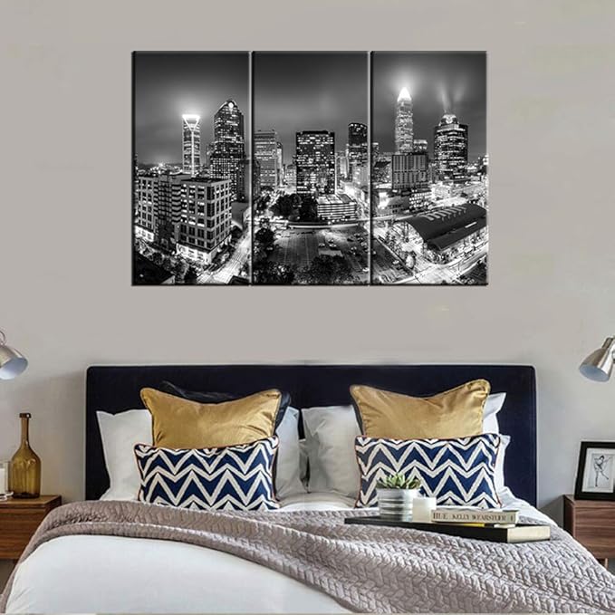 3 Pieces Charlotte Skyline Wall Art Carolina Landscape Black and White Prints on Canvas Downtown Canvas Cityscape the Picture Skyscraper Picture for Home Decor with Framed - 28‘’ x 14‘’ x 3 panels