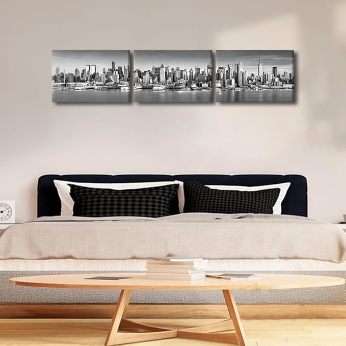 New York Wall Art Black and White City Panorama Cityscape Pictures Print On Canvas Urban Building Artwork Wall Art for Living Room Office Giclee Posters and Prints Framed Ready to Hang 14x60 Inch