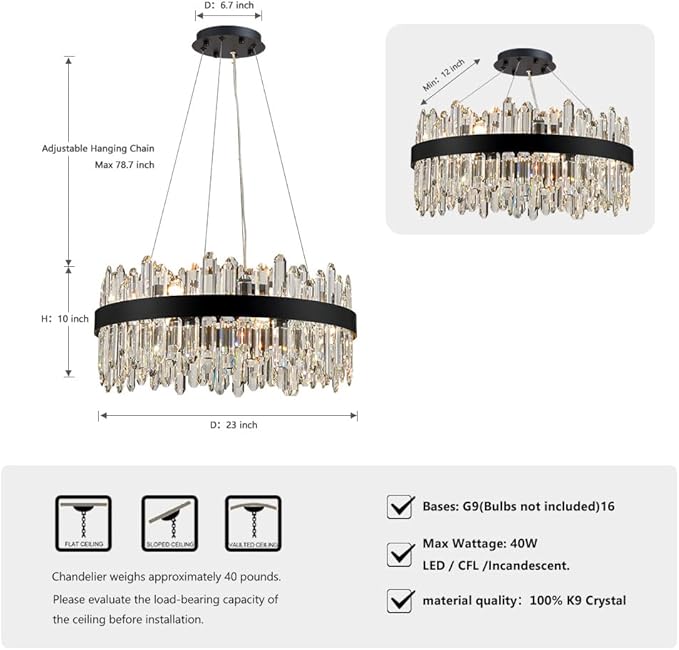 Black Modern Oval Crystal Chandelier, 16-Lights Luxury Chandeliers 2-Tiers K9 Crystal Chandelier Pendant, Light Fixture G9 Lights for Dining Living Room Entryway Kitchen Dia 23 inch