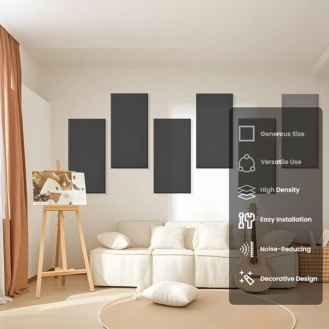 6 PCS Acoustic Panels, Large Soundproof Wall Panels, Professional Fiberglass Sound Absorbing Panels, 23.6x11.8 Inches Sound Proof Foam Panels for Walls, Studio Home Offices (Black)