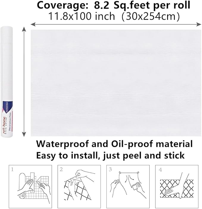 Arthome Peel and Stick Wallpaper - White Wood Contact Paper - White Wallpaper - Self-Adhesive, Removable and Waterproof for Cabinet, Countertop (11"x100")