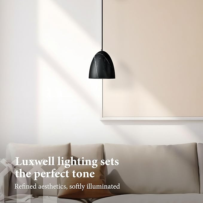 Modern Marble Pendant Light, 8.2"x7.9" Metal Hanging Light Fixture with Faux Black Stone Finish, 15"-72" Adjustable Line, E26 Socket for Office, Living Room, Dining Area – Midnight Stone