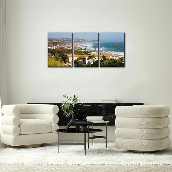 Pacimo Canvas Wall Art for Living Room - Malibu Cityscape Pictures Painting Prints California City Skyline Modern Artwork for Home Office Wall Decor Stretch Framed Ready to Hang - 12"x16"x3 Panels