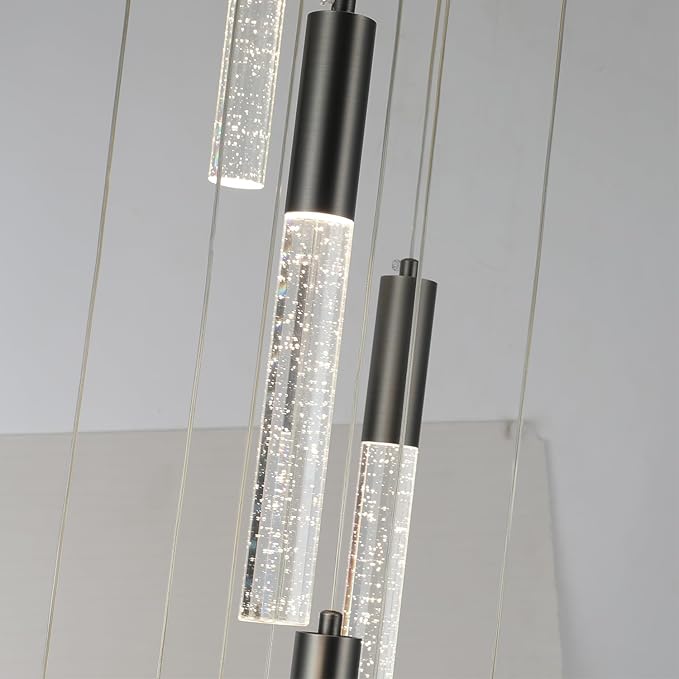 Modern Black Chandelier, Round Crystal Dimmable Hanging Lamp in Dark Bronze, Large Raindrop Pendant Lights for Dining Room Living Room Staircase Farmhouse