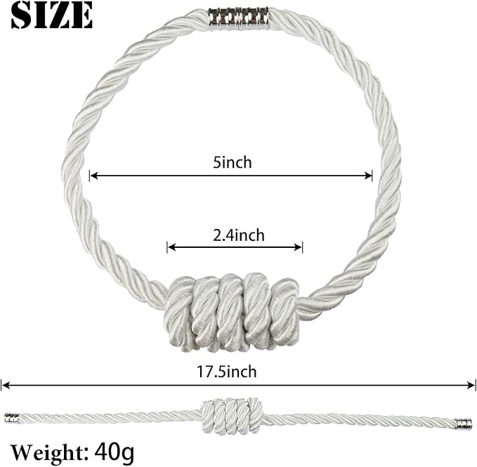 BEL AVENIR Magnetic Curtain Tiebacks, Decorative Drapery Holdbacks Modern Woven Tie-Backs with Exquisite Knot (White, 4 Pack)