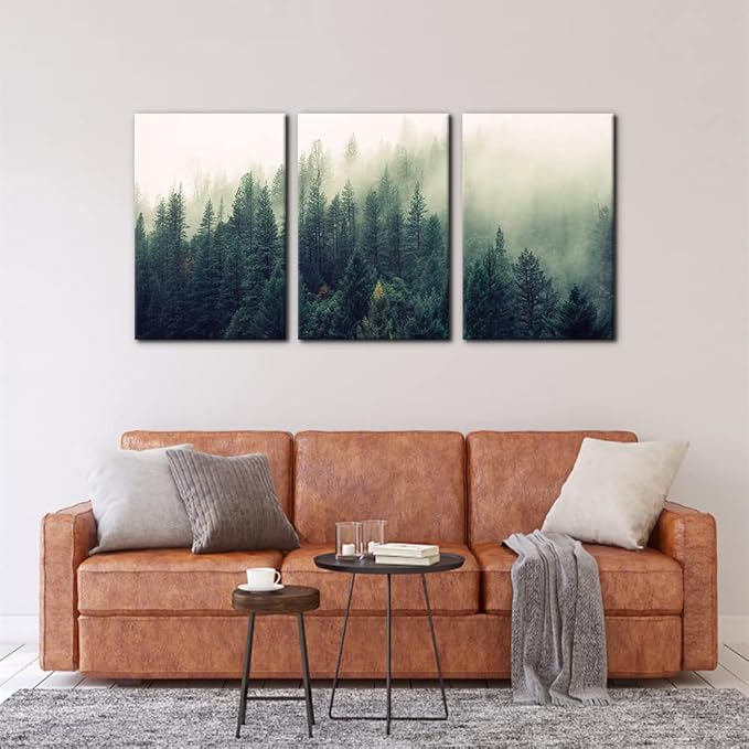 Pacimo Canvas Print Wall Art Set Aerial View of Pine Trees in Mist Nature Wilderness Photography Realism Rustic Scenic Modern Artwork Decor Stretch and Framed Ready to Hang - 16"x24"x3 Panels