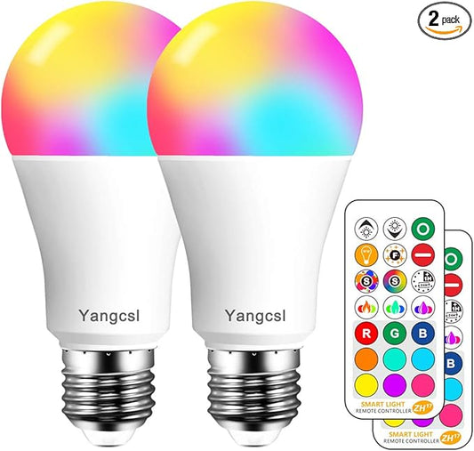 LED Light Bulb 85W Equivalent, RGB Color Changing Light Bulb, 6 Moods - Memory - Sync - Dimmable, A19 E26 Screw Base, Timing Remote Control Included (Pack of 2)