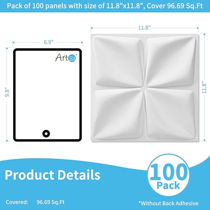 Art3d 100 Pack Decorative 3D Wall Panels, 97 Sq.Feet PVC Interior Wall Décor, 11.8"x11.8", White