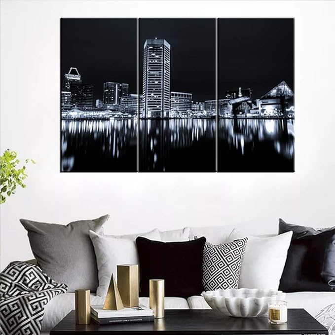 3 Pieces Modern Canvas Painting Wall Art the Picture for Home Decoration Panoramic View of Baltimore Skyline at Night in Black and White Place Cityscape Print On Canvas Giclee Artwork for Wall Decor
