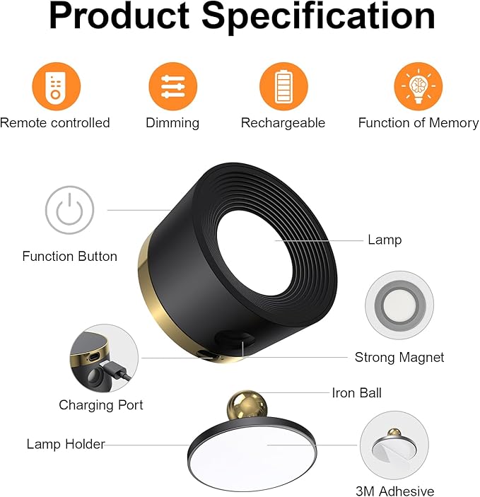 Moobibear LED Wall Lights with Remote, 3500mAh Rechargeable Battery Operated Wall Sconce, Dimmable 13RGB + 3 Color Temperature Magnetic Wireless Wall Lamp, for Rooms, Hallway (Black, 2 PCS)