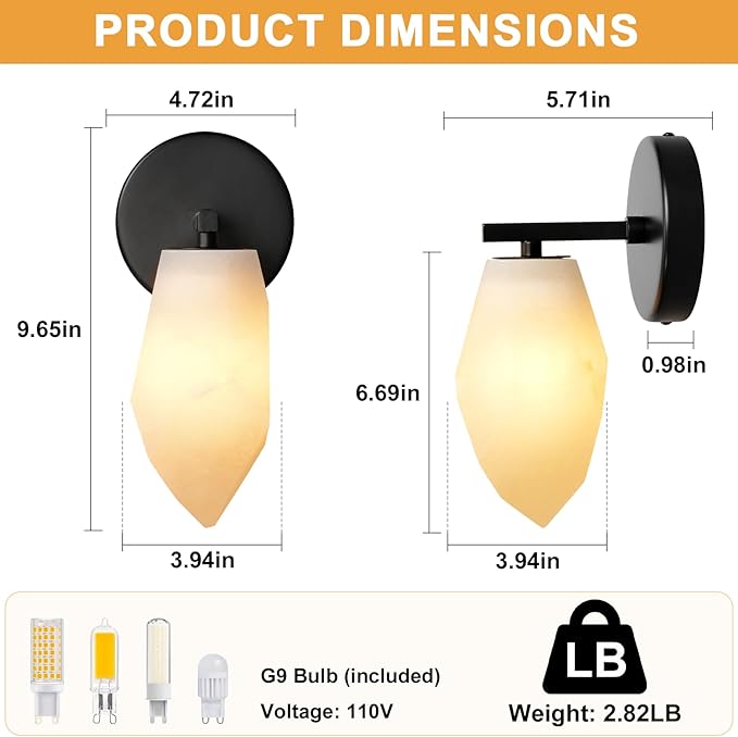 Alabaster Wall Sconce Set of Two, Spanish Marble Wall Light, Modern Wall Sconce for Bedroom, Hardwired Wall Lighting for Living Room, Wall Lamp for Bathroom Hallway Stairs, Black