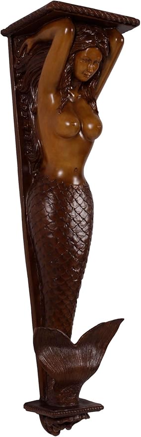 Nautical Tropical Mermaid Pilaster Wall Accent Sculpture (Wood, Large 43" H)