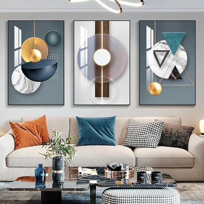 ARTKN 3 Pieces Framed Abstract Geometric Wall Art, Art Shapes Patterns Paintings, Modern Wall Decor Artwork, Large Wall Art for Living Room Bedroom Office(Blue, 16" X 24" X 3 pieces)