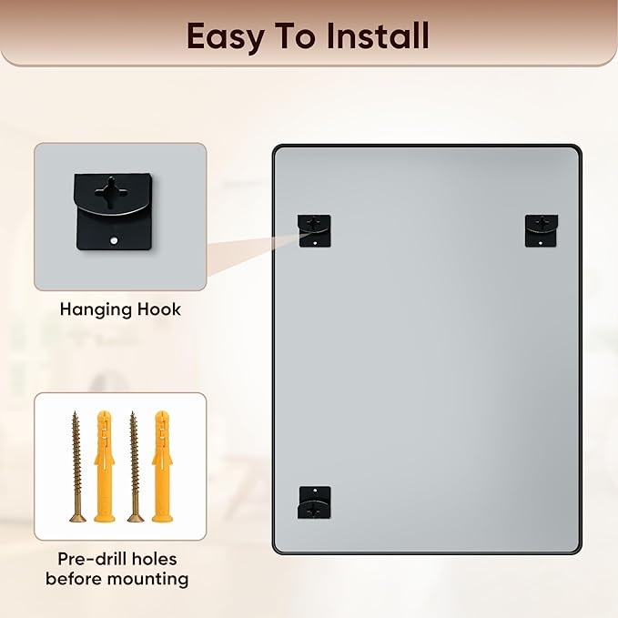 Antok Wall Mirror, 24"x36" Bathroom Vanity Mirror, Anti-Rust HD Tempered Glass, Wall Mounted Mirrors for Living Room, Entryway, Black Frame, Rect