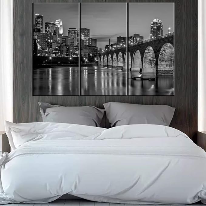 Canvas Print Wall Art Painting for Home Decor Black and White Minneapolis Skyline Night Buildings Cityscape Coastline Paintings Artwork Pictures City Pictures Photo Prints On Canvas 40‘’x20‘’x3pcs