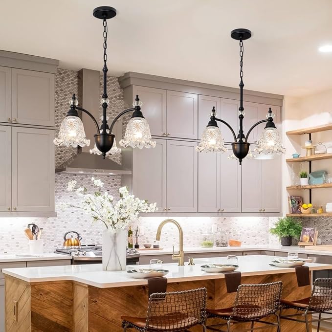 Black Dining Room Light Fixtures Over Table, Vintage 3 Light Glass Chandelier, Farmhouse Glass Chandelier Lighting for Kitchen Table, Dinning, Foyer, Bathroom, Living Room, Bedroom