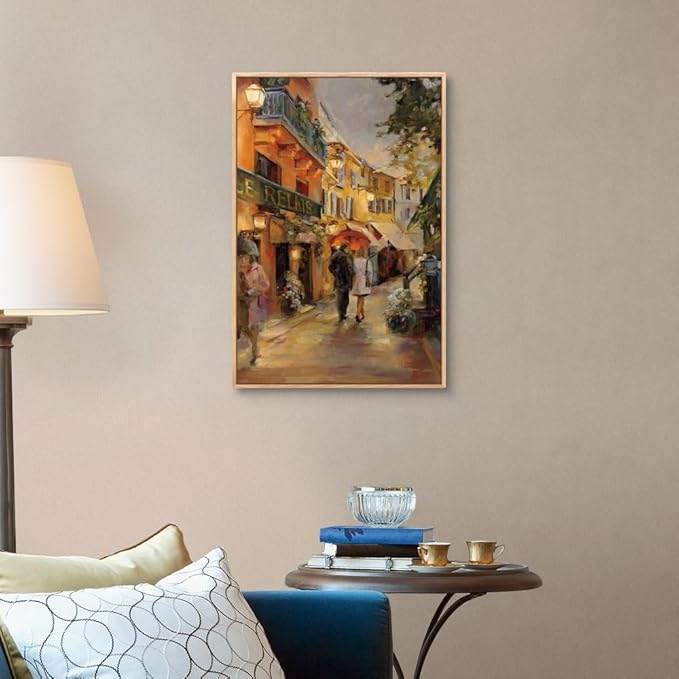 CANVAS ON DEMAND Evening in Paris Natural Wood Float Framed Canvas Wall Art Print by Marilyn Hageman, Traditional, Home Decor, Street Scene Artwork, Nature Artwork, 20" x30in