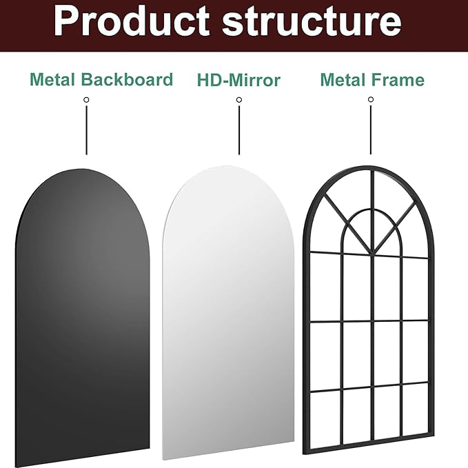 Arch Wall Mirror Mounted Decorative, 24"x42", Arched Window Pane Mirror for Wall-Mounted for Entryway, Bathroom Vanity, Living Room or Bedroom, Iron Frame, Black