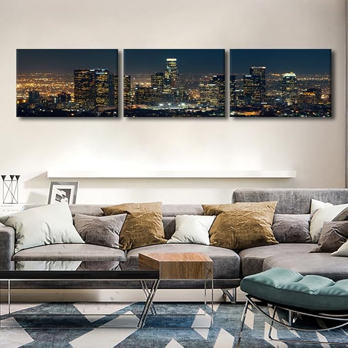 City Skyline Wall Art Cityscape Paintings Modern Decor Los Skyscrapers Night Scene Picture on Canvas for Home Decor Skyline at Dusk Landscape of City Night View Artwork for Living Room 16x72 Inch