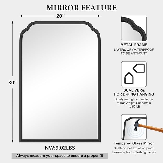 20X30 Inch Black Metal Framed Bathroom Mirror for Wall, Matte Black Bathroom Vanity Mirror, Rectangular Rounded Decor Mirror Anti-Rust, Tempered Glass (Black 20" x 30")
