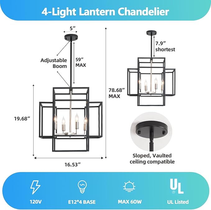 4-Light Black and Brushed Nickel Chandeliers, Foyer Lighting Fixtures for High Ceilings, Farmhouse Chandeliers for Dinning Room Entryway Staircase, Rectangular Pendant Light for Kitchen Island