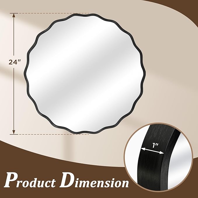 Black Round Mirror for Wall, 24"x24" Decorative Wavy Bathroom Mirror with Brushed Alloy Steel Frame & Shatter-Proof Glass, Hanging Circle Wall Mirrors for Bathroom, Entryway, Bedroom