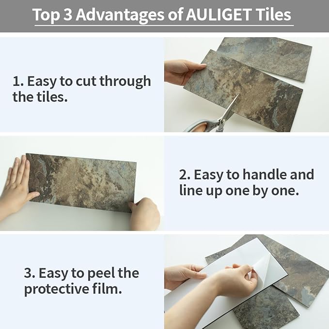 AULIGET 20-Piece Beige & Brown Slate Peel and Stick Backsplash Wall Tiles, 6" x 12" PVC Faux Stone Stick on Tiles Backsplash Kitchen