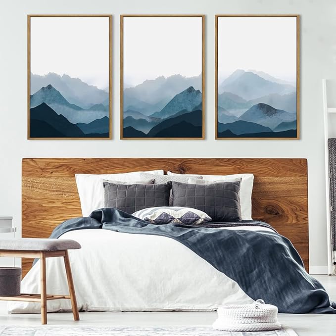 BINCUE Large Blue Mountain Wall Art Fog Blue Ridge Mountains Artwork for Living Room Bedroom Office 24" Lx36 W Set of 3