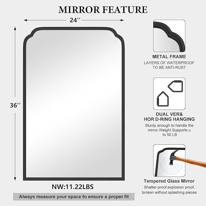 24X36 Inch Black Bathroom Mirror for Over Sink, Modern Rounded Corner Rectangle Mirror with Non-Rusting Iron Metal Framed Bathroom Vanity Mirror for Wall Decor(Tempered Glass)