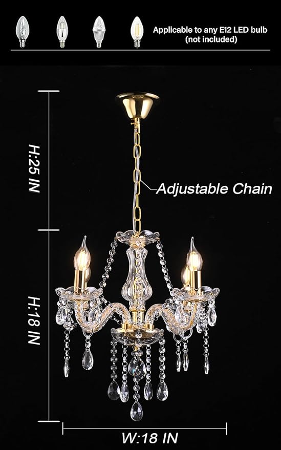 MALOSA Small Gold Crystal Chandeliers,Modern 4 Lights Mini Chandelier,Antique Candle Glass Chandelier for Bedroom,Living Room,Entryway