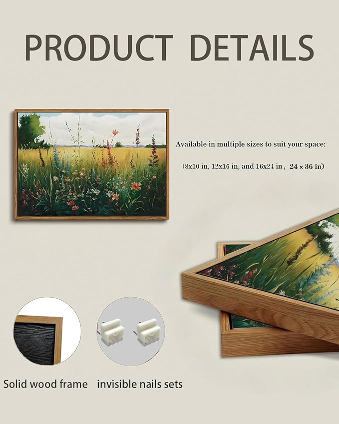 KISSFOX Vintage Wildflower Field Landscape Framed Wall Art Summer Countryside Meadow Canvas Art Farmhouse Rustic Paintings Artwork Nature Serene Art Prints For Kitchen Living room Bedroom