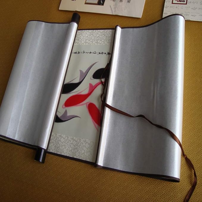 AtfArt Asian Wall Decor Beautiful Silk Scroll Painting Year Have Fish - Red Black Carp Oriental Decor Chinese Art Wall Scroll Wall Hanging Painting Scroll (39 x 12 in)