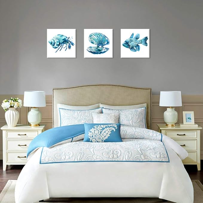 JAPO ART -Ocean Art Prints Tropical Wall Art Wall Blue Fish Blue Shells Hermit Crabs for Bathroom Kitchen Decoration 12x12Inchx3 pcs