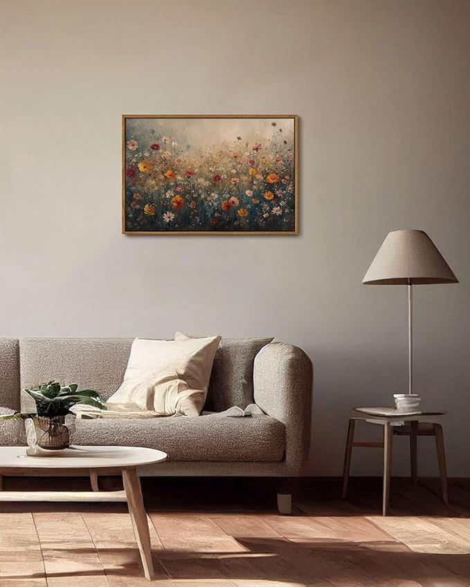 KISSFOX Vintage Framed Wall Art Farmhouse Dreamy Wildflower Field Canvas Art Colorful Daisy Floral Paintings Artwork Natural Rustic Art Prints For Bedroom Bathroom Living Room