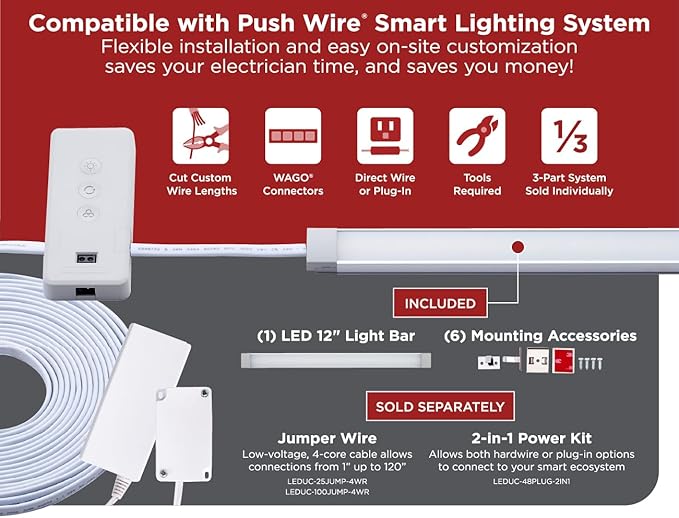 Black+Decker PureOptics Professional Push Wire Under Cabinet Light Bar, Add-on, Plug-in or Hardwire Compatible, Adjustable White and RGB LED, for Kitchen, Pantry, Cabinets, (1) 12" Bar