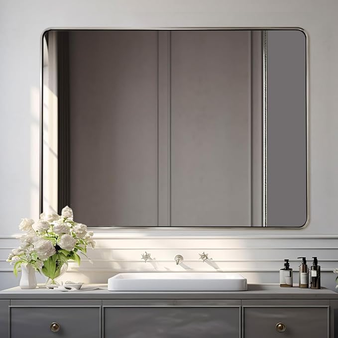 ANDY STAR 48x32 Inch Brushed Nickel Bathroom Mirror, Rounded Rectangle Bathroom Vanity Mirrors for Wall, Anti-Rust SUS304, Seamless Tube Metal Frame, 1’’ Deep Wall Mounted Vertically/Horizontal