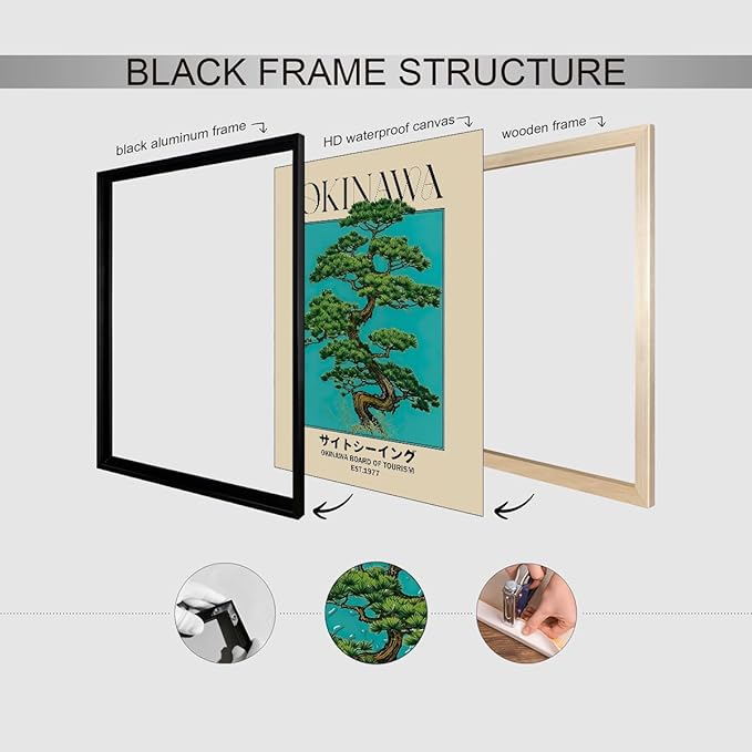 Black Framed Canvas Wall Art Posters Japanese Okinawa Prints Retro Japanese Bonsai Tree Picture Modern Ukiyo-e Decor for Home Bedroom Decorations Artwork 16x20in