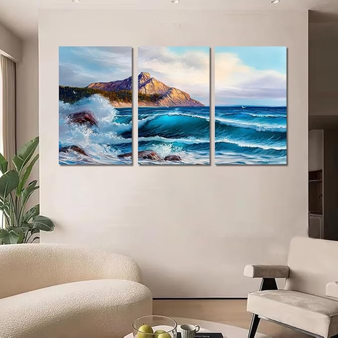Large Canvas Wall Art for Living Room Blue Ocean Beach Sea Waves Nature Landscape Seascape Painting Modern Minimalist Seascape Coastal Artwork for Bedroom Office Framed - 24x36inchx3Pcs