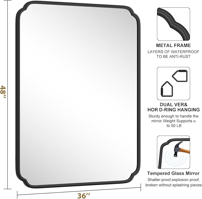 36 x 48 Inch Black Bathroom Vanity Mirror for Wall with Non-Rusting Metal Frame Large Rounded Rectangle Mirror for Over Sink (Horizontal/Vertical)