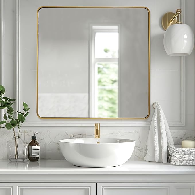 ANDY STAR 36x36 Inch Gold Bathroom Mirror, Brushed Gold Square Mirrors for Wall in Anti-Rust SUS304 Tube Metal Frame, Rounded Mirrors 1’’ Deep Wall Mounted Vertically/Horizontal