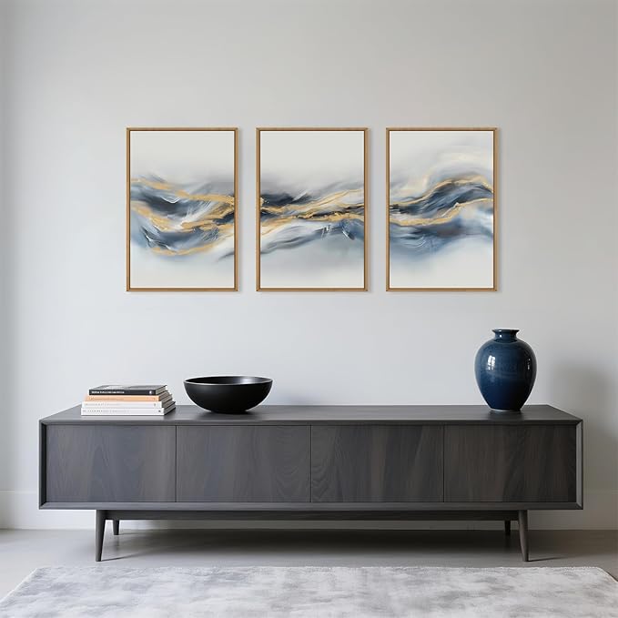 Large Abstract Navy Blue Gold Framed Canvas Wall Art,Watercolor Brush Stroke Wall Decor,Neutral Geometric Wave Artwork,Modern Minimalist Shape Art Print for Living Room,Bedroom,Office-24"x36"x3