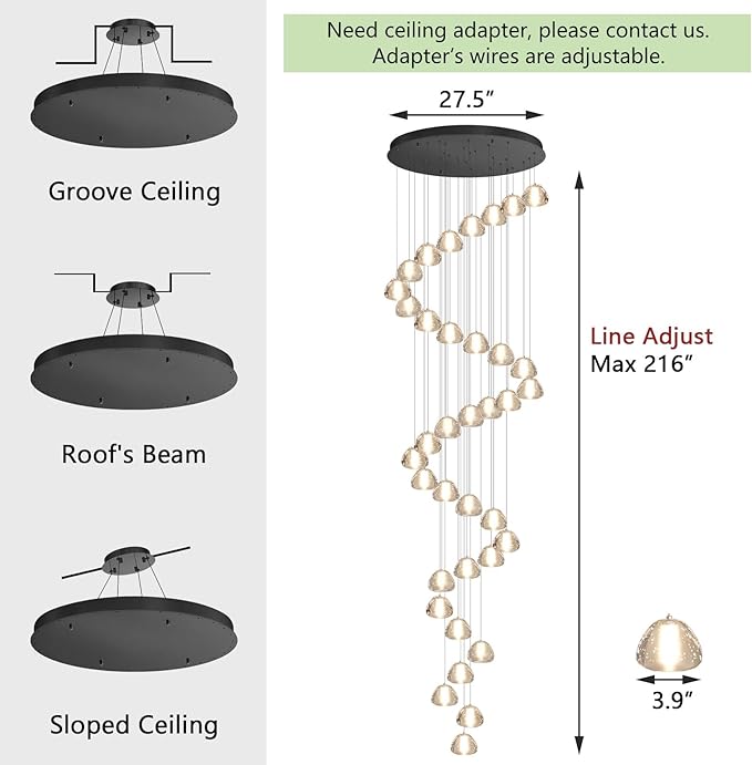 36 Light 216'' Long Large Crystal Chandeliers LED Chandeliers for High Ceiling Handing Light Fixture for Entrance Hallway Foyer Staircase Lobby Black