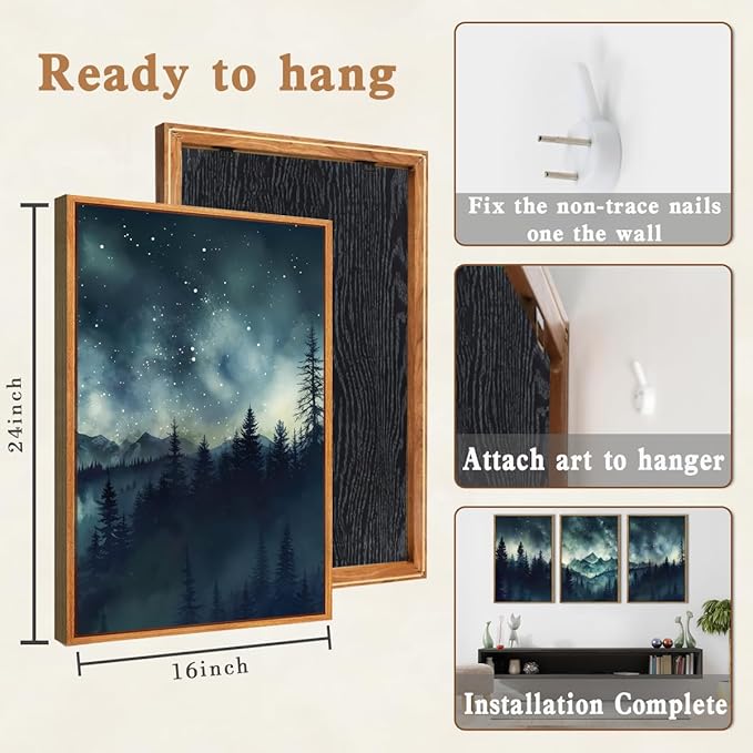 Large Misty Forest Mountain Wall Art Framed Dark Starry Sky Wall Decor Modern Wilderness Art Print for Living Room Bedroom Office 16x24 Inch Set of 3