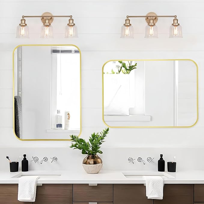 Matte Gold Mirror, 16x24 Inch Brushed Gold Mirror, Aluminum Alloy Framed Vanity Mirror, Rounded Rectangle Bathroom Mirror for Over Sink, Anti-Rust Wall Mirror (Horizontally or Vertically)
